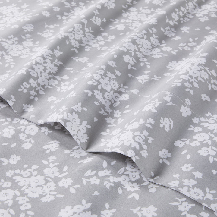 Super Soft High Quality Brushed Microfiber Bed Sheet Set, King, Grey Floral, 4 Piece