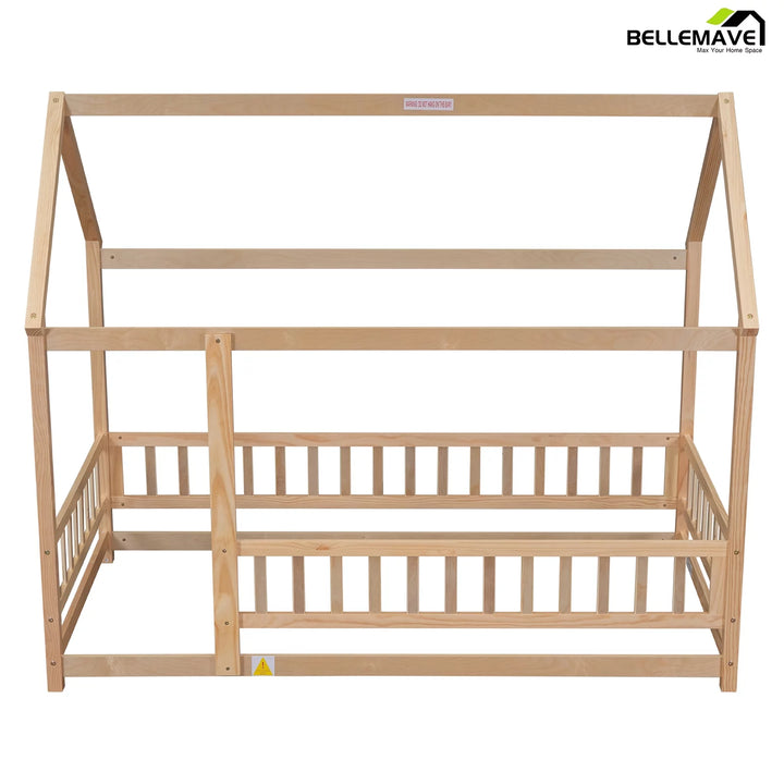 Twin Floor Bed for Kids, Wood Twin Size House Bed Frame with Fence, Montessori Toddler Bed for Kids Girls Boys Teens（Natural)