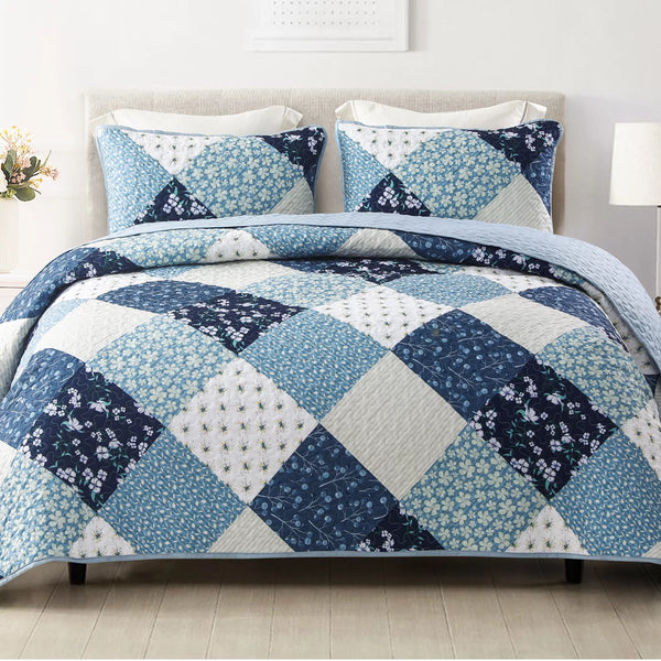 3 Pieces Boho Bohemian Quilt Set Queen Size, Lightweight Patchwork Quilted Bedspread/Coverlet/Bed Cover/Bedding Set, Navy