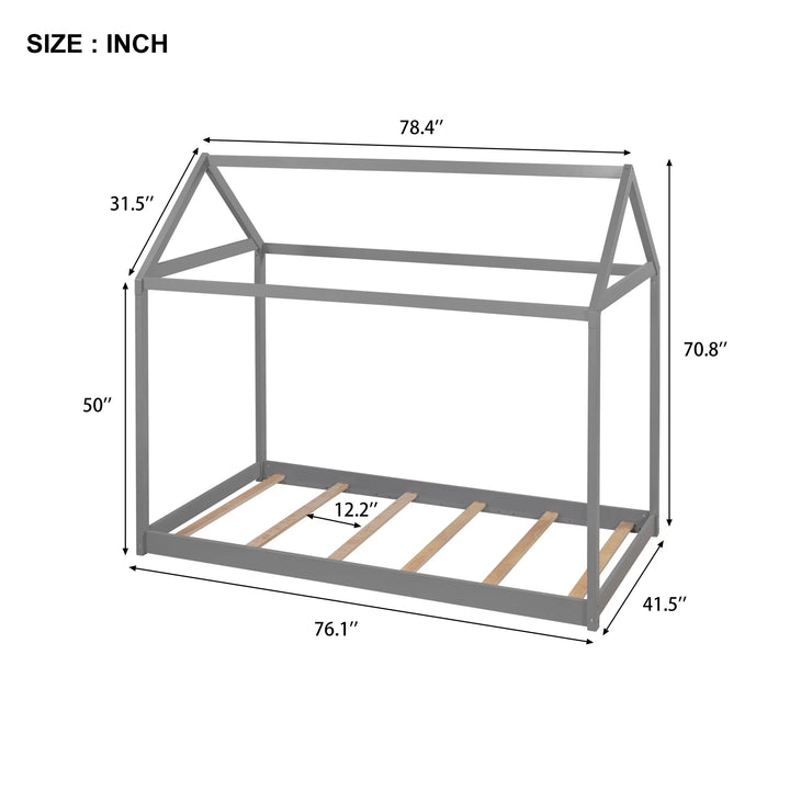 Wood Twin Size Kids House Bed Frame,Montessori Floor Bed for Toddler,Gray