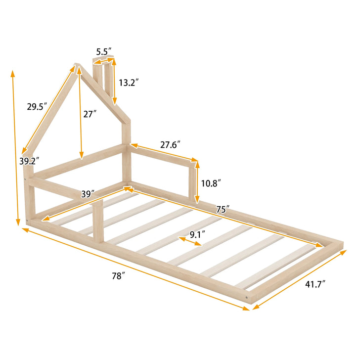 Twin Size Wood Floor Bed for Kids Room, Toddler House Bed, Natural