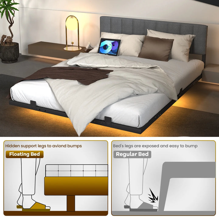 Full Floating Upholstered Bed Frame ,Metal Platform Bed with Smart LED Lights and Charging Station, Grey