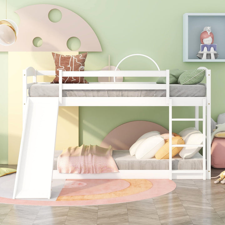 Low Bunk Beds Twin over Twin with Slide, Wooden Floor Bunk Bed Frame Built-In Ladder for Toddler Girls Boys (White)