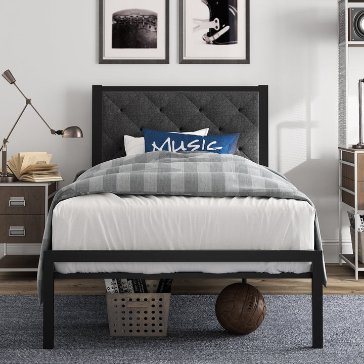 Twin Size Metal Bed Frame with Upholstered Headboard, Dark Gray