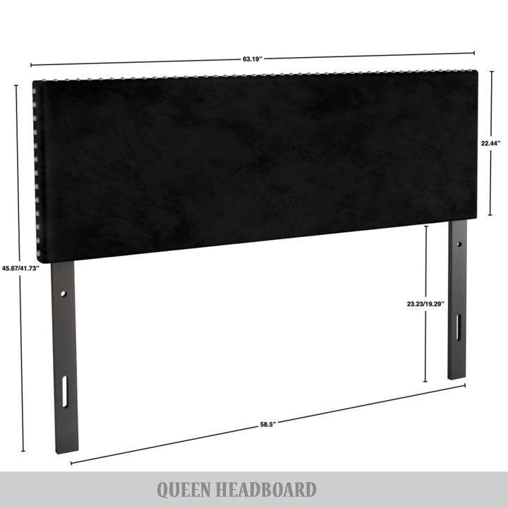 Upholstered Nailhead Trim Velvet Headboard, Black, Queen