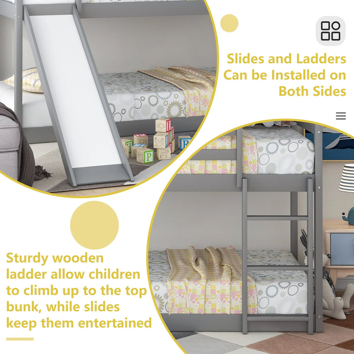 Floor Bunk Bed with Convertible Slide and Ladder,  Wood Bunk Beds with Guardrail for Boys Girls Toddlers, Gray Twin over Twin Bunk Bed, Kids Floor Bunk Bed for Home Children’S Room, TE838