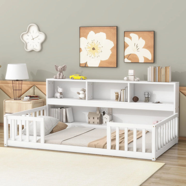 Twin Size Floor Bed Frame with Fence and Bookcase Toddler Floor Bed Low Bed with Entrance and Storage Shelves Montessori Bed Frame for Kids, Boys, Girls, No Box Spring Needed (Twin, White)