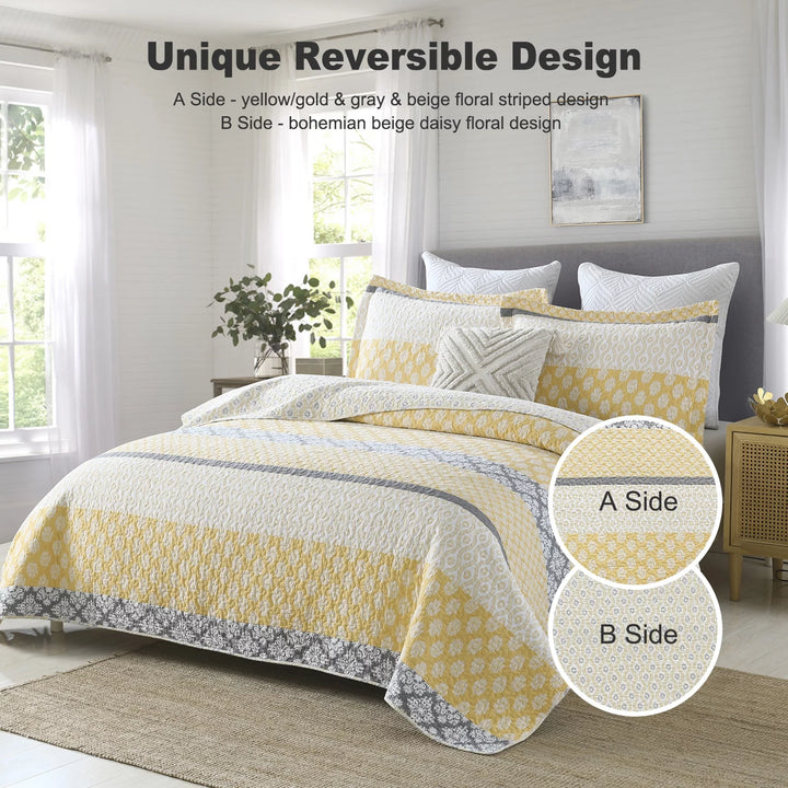 Quilt Bedspread for Queen Bed, 100% Cotton Gold (Yellow)/Gray Spring Floral Striped Printed Reversible Bedspread, Lightweight Farmhouse Summer Queen Quilt Comforter Set, 3-Piece 98"X90"