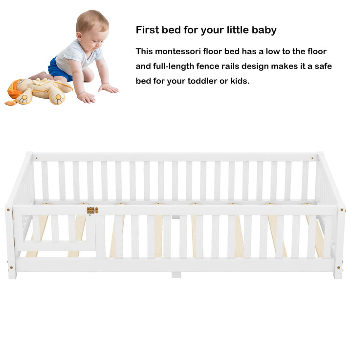 Twin Size Floor Bed with Door and Fence Toddler Floor Bed with Bed Slats Sturdy Wood Floor Bed Montessori Bed Frame for Kids, Boys, Girls (Twin, White)