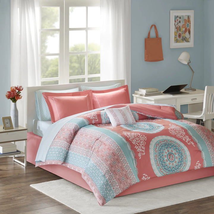 Intelligent Design 9-Piece Queen Comforter Sets with Sheet Bed in a Bag Coral Medallion Print Bedding Sets