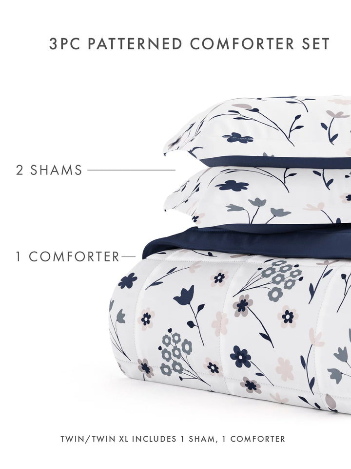 - Navy Forget Me Not Timeless Print All Season Down-Alternative Comforter for Queen Beds