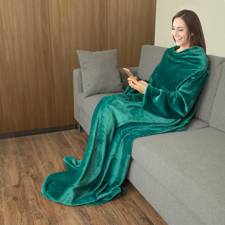 Napa Lounging Soft Fleece Adult Wearable Blanket Throw with Sleeves for Women and Men - Retail Packaging - Emerald Green