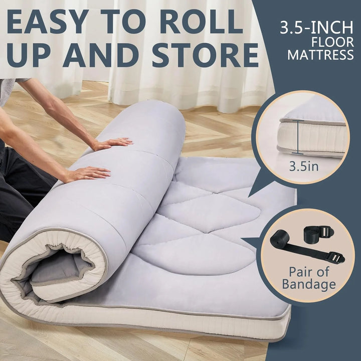 3.5" Thick Futon Mattress Full Size Upgraded Japanese Floor Mattress, Foldable Mattress Topper Thicken Tatami Mat Roll up Mattress, Folding Sleeping Pad