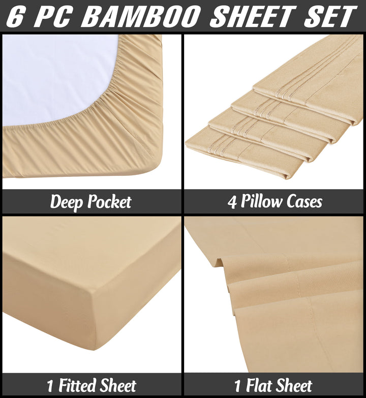 6 Piece Luxury King Size Rayon Made from Bamboo Sheets Set- King Beige Sheets, Softer than Cotton-Up to 16" Deep Pockets-Wrinkle Free-Extremely Soft -King Size Bamboo Derived Rayon Sheets-King,Beige