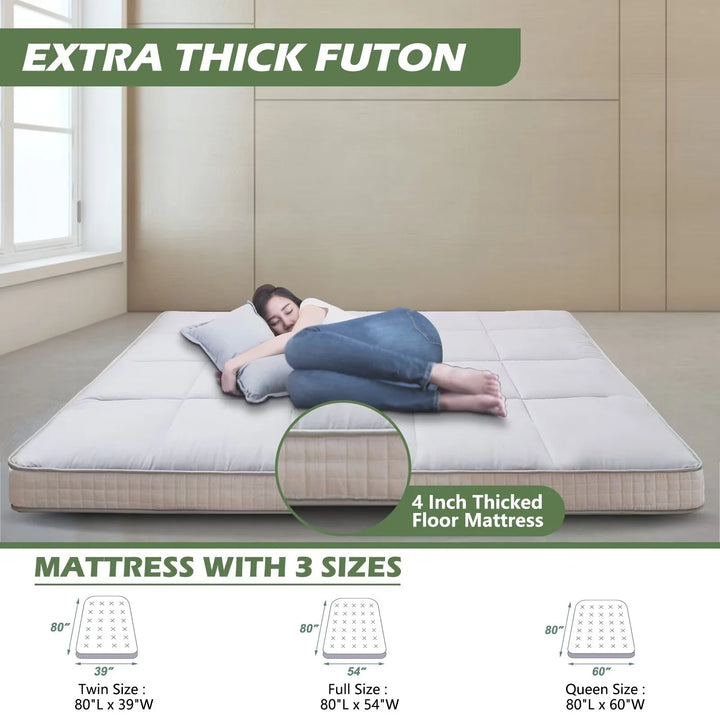 Floor Mattress Japanese Futon Mattress Extra Thick Folding Sleeping Pad Futon Mattress Portable Camping Mattress Twin Size (80*39*4In)