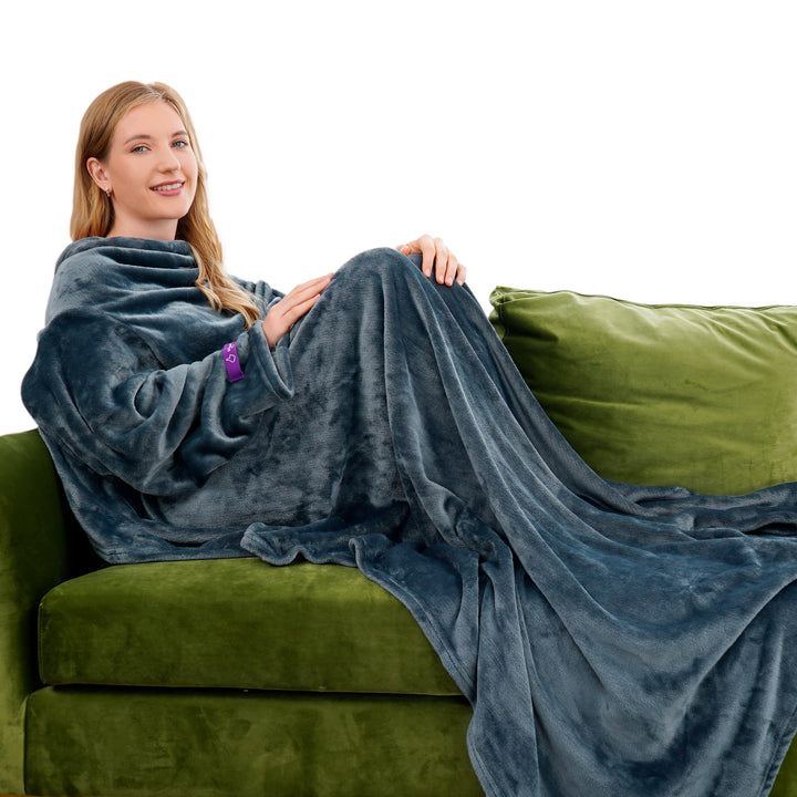 Blanket with Sleeves, Gift for Women Men Adult, Soft and Cozy Wearable Blanket with Elastic Cuffs, Hook and Loop Fastener (Grey 55''X79'')