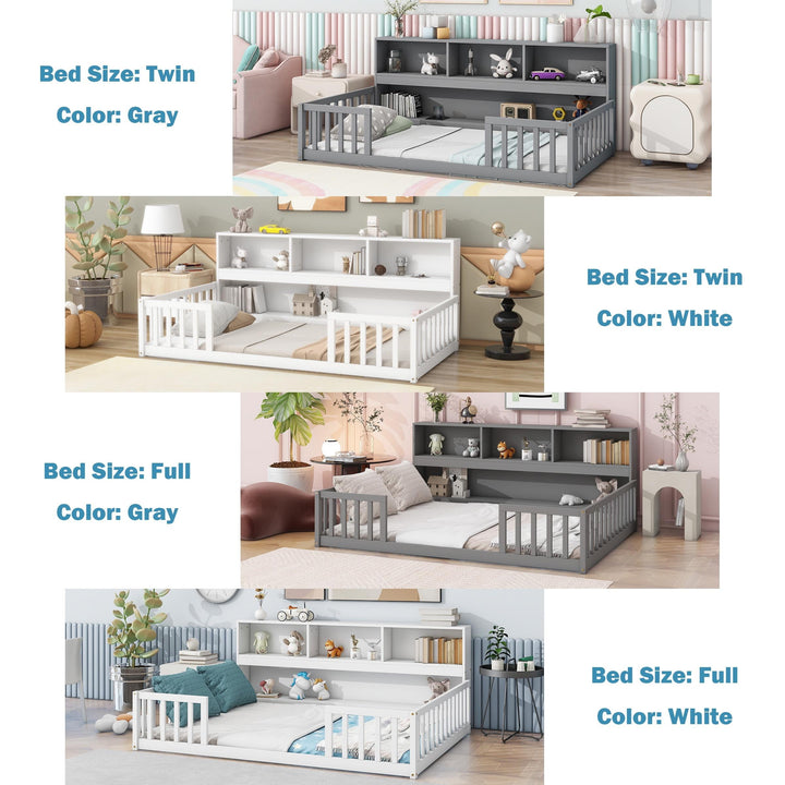 Twin Size Floor Bed Frame with Fence and Bookcase Toddler Floor Bed Low Bed with Entrance and Storage Shelves Montessori Bed Frame for Kids, Boys, Girls, No Box Spring Needed (Twin, White)