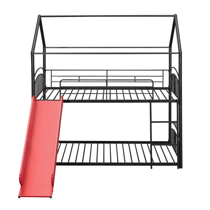 Metal Twin Bunk Bed with Red Slide, Floor Toddler Bunk Bed, House Bunk Bed for Kids, Boys & Girls, Twin Bunk Bed Can Be Separated into 2 Beds (Black)