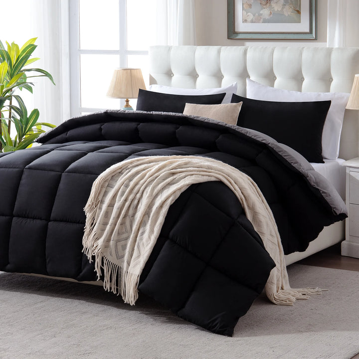 3 Pieces Bed in a Bag Comforter Set Duvet Insert,Reversible,Black/Grey,Queen