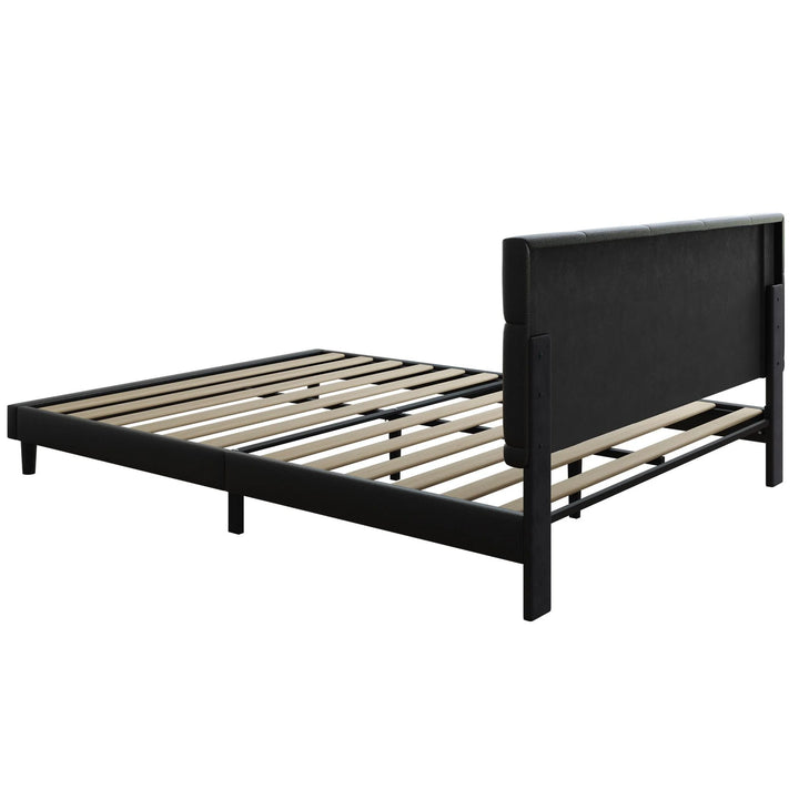 Upholstered Platform Queen Bed Frame with Headboard, Modern Black Faux Leather Queen Bed Frame with Wood Slat Support, Mattress Foundation for Adults Kids, No Box Spring Needed