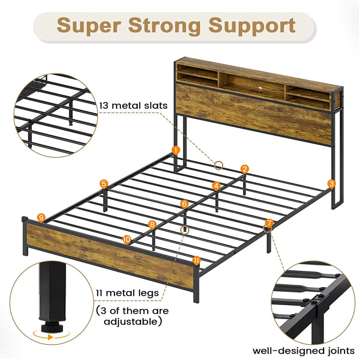 Full Size Bed Frame with LED Light Headboard and USB Ports Outlets, Metal Platform Bed with Headboard Stoarge, No Box Spring Needed, Noise Free, Rustic Brown