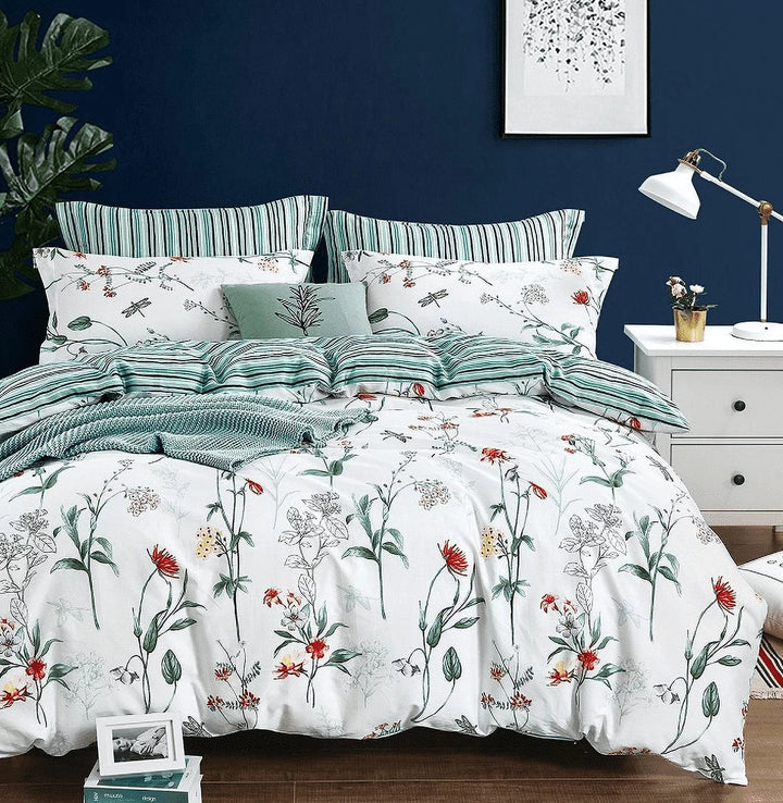 Floral and Green Stripes Reversible 3-Piece 100% Cotton Bedding Set: Duvet Cover and Two Pillow Shams Queen (No Comforter Included)