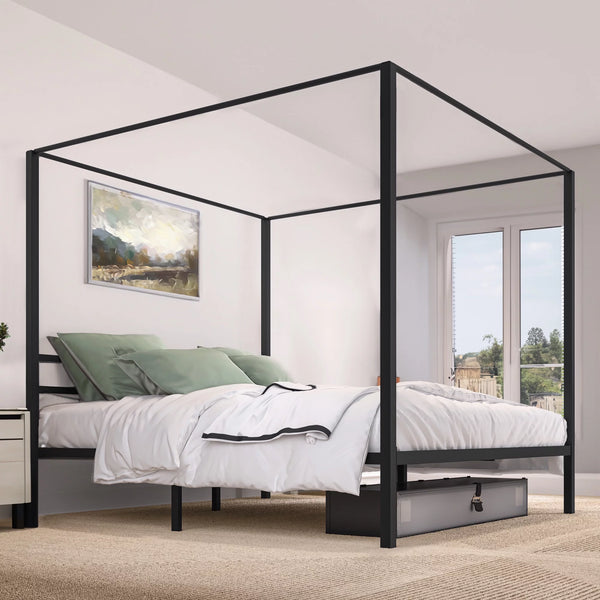 King Size Black Canopy Bed Frame with Headboard, Mattress Foundation with Wooden Slats and Steel Structure, No Box Spring Needed