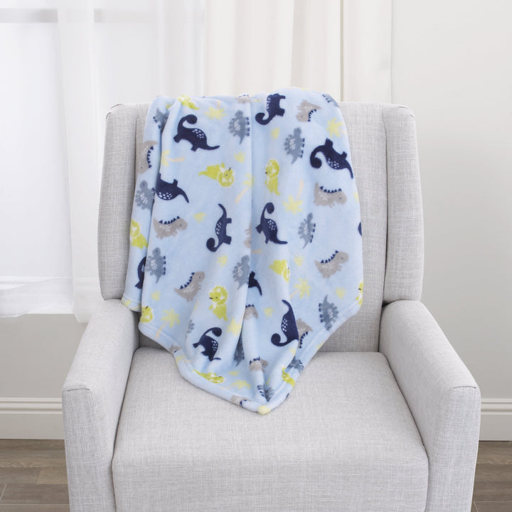 Blue Dinosaurs Plush Baby Blanket, 30" X 36", Infant Boy