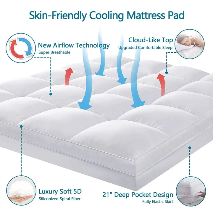 Queen Mattress Topper, Extra Thick Cooling Mattress Pad Cover, 400TC Cotton Pillow Top Protector with 8-21" Deep Pocket, Soft 5D Spiral Fiber Padding for Back Pain, White