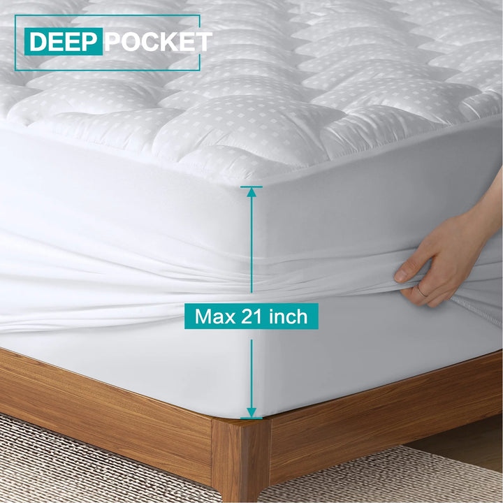 Queen Size Mattress Pad, 400TC Cotton Pillow Top Mattress Cover, Quilted Fitted Mattress Protector with 8-21" Deep Pocket, Cooling Mattress Topper (60X80 Inches, White)