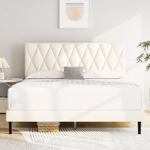 Full Size Upholstered Platform Bed Frame, with Wood Slat Support, Beige