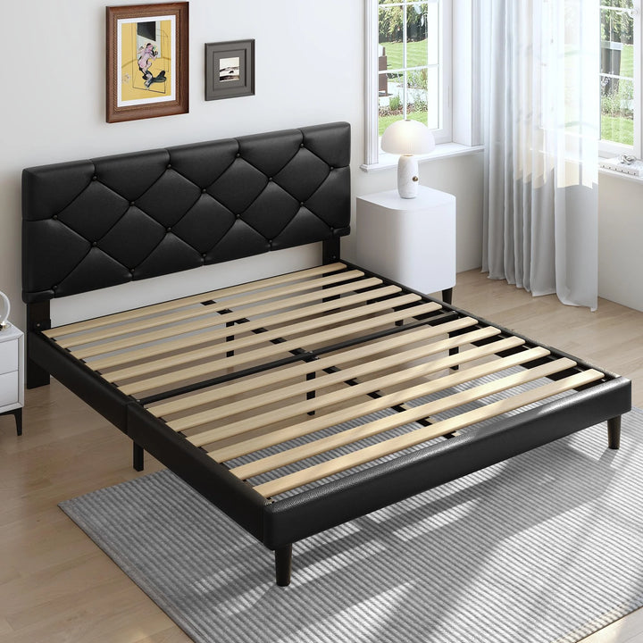 Upholstered Platform Queen Bed Frame with Headboard, Modern Black Faux Leather Queen Bed Frame with Wood Slat Support, Mattress Foundation for Adults Kids, No Box Spring Needed