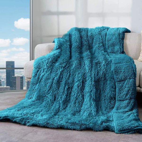 Faux Fur Weighted Blanket 15Lbs, Super Soft Plush Fleece and Cozy Sherpa Reverse, Shaggy Long Fur Throw Blankets, 48"X72" Teal Green