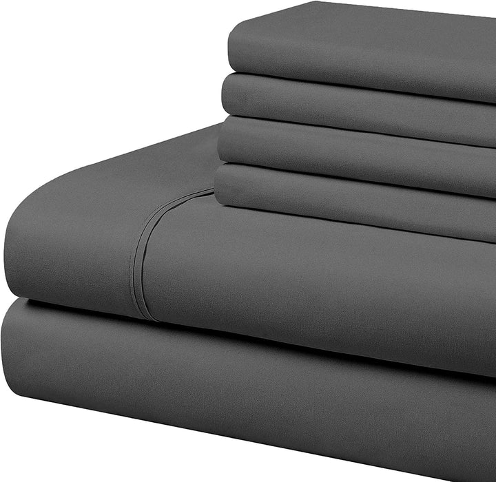 Twin-Xxl Size 6 Piece,600Tc, 100% Egyptian Cotton - 12" Deep Pocket Fitted Sheet - Dark Grey Solid.