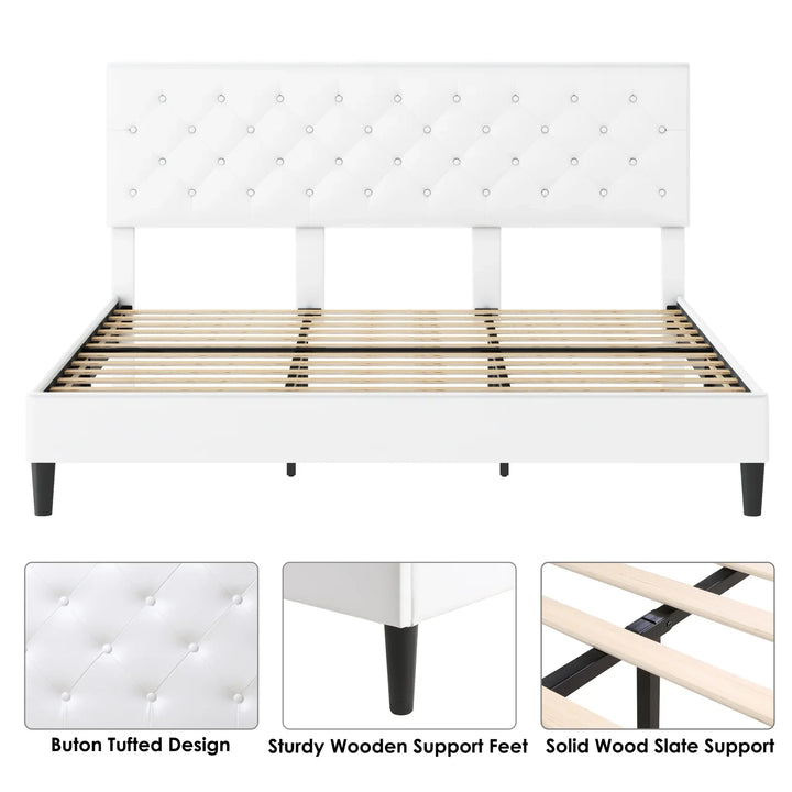 King Bed Frame, White Faux Leather Upholstered Button Tufted Low Profile Platform Bed Frame with Adjustable Headboard for Bedroom