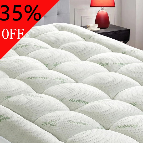 Bamboo Queen Size Quilted Pillowtop Mattress Topper Pad Cover with Deep Pocket Fitted 8"-21", Ultra Soft & Comfort