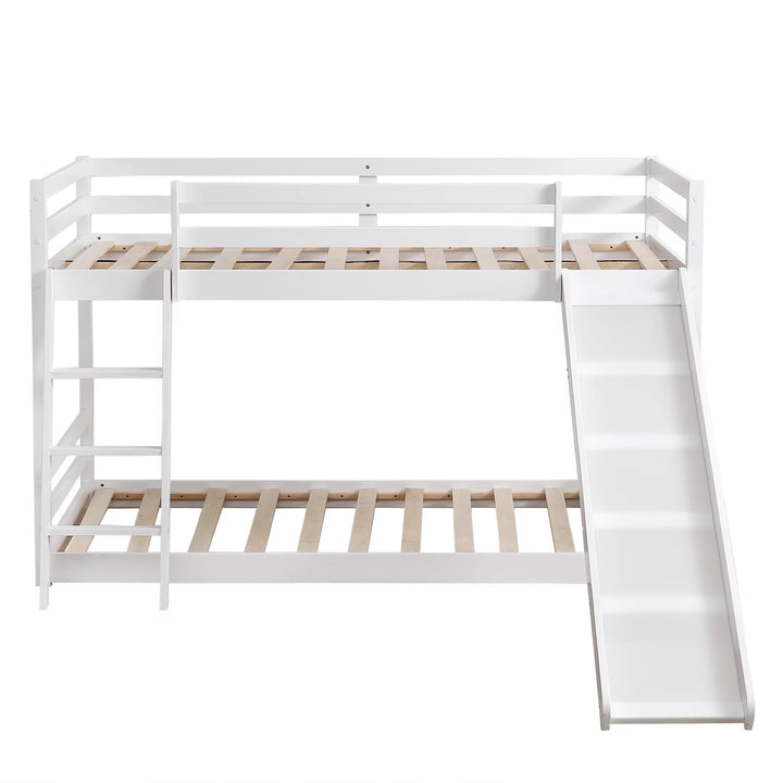 Ktaxon Solid Wood Low Twin over Twin Bunk Bed Wih Slide for Kids/Toddlers/Junior, Bunk Bed Frame with Guardrails & Ladder for Boys Girls, No Box Spring Needed, White