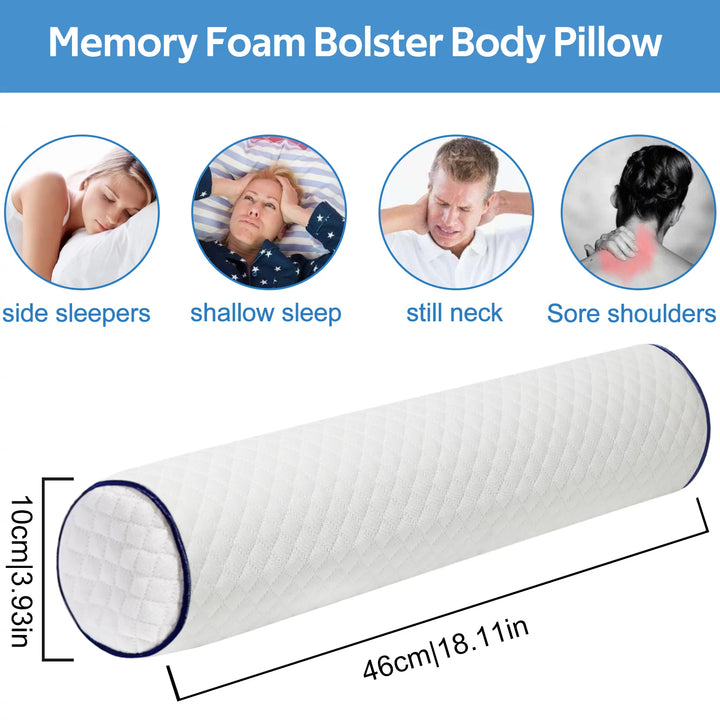 Roll Pillow Cylinder round Cervical Bolster Pillow Memory Foam Removable Washable Cover, Ergonomically Designed for Head, Neck, Back, and Legs White 45*10*10Cm