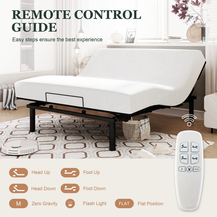 Queen Size Adjustable Bed Base Frame with Independent Head and Foot Incline, Wireless Remote Control with Quiet Motor