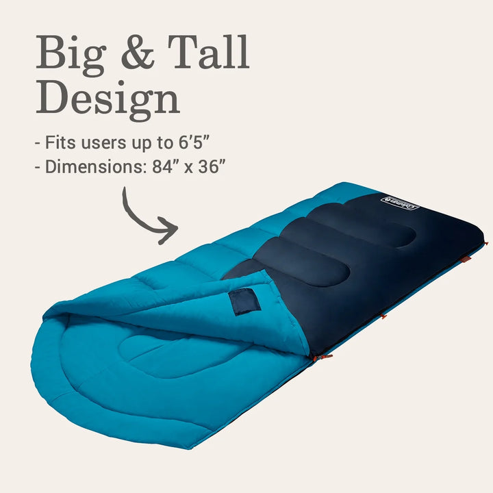 Montauk 40-Degree Warm Weather Semi-Rectangular Big and Tall Sleeping Bag, Blue, 84”X36”