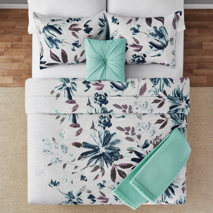 5-Piece Blue Floral Comforter Set, Full/Queen