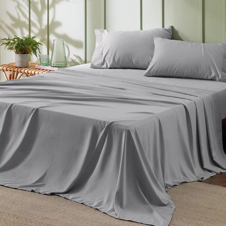 4 Pieces Hotel Luxury Light Grey Sheets King，Easy Care Polyester Microfiber Material Cooling Bed Sheet Set