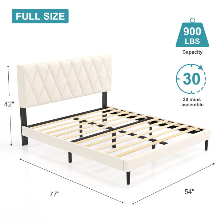 Full Size Upholstered Platform Bed Frame, with Wood Slat Support, Beige