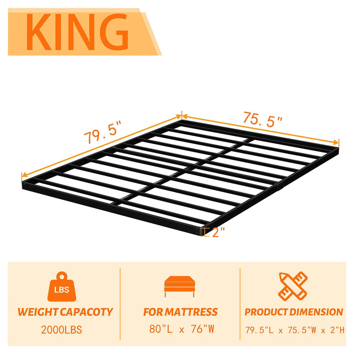 King Box Spring 2 Inch High & Bed Slat Replacement, Heavy Duty Mattress Support Metal Bunkie Board, Easy Assembly, Legs Not Included