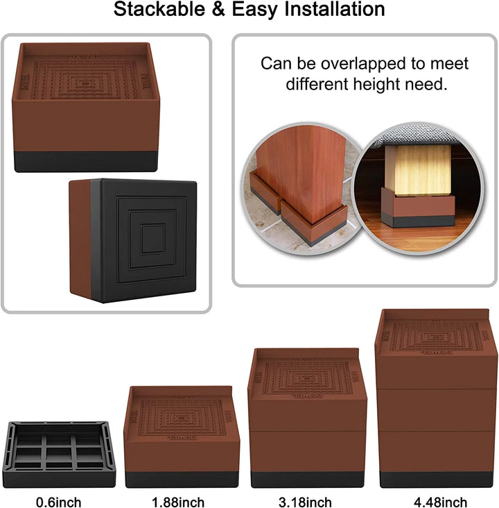 Furniture Risers Bed Risers Lifter Foot Pad Support up to 660 Lb Brown 4 Pack Rubber Plastic 0.29 Lb