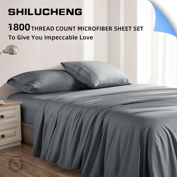 Cooling 4 Piece Luxury Bed Sheets Set, 1800 Series Microfiber Bed Sheets, 16" Deep Pocket, Queen, Dark Gray