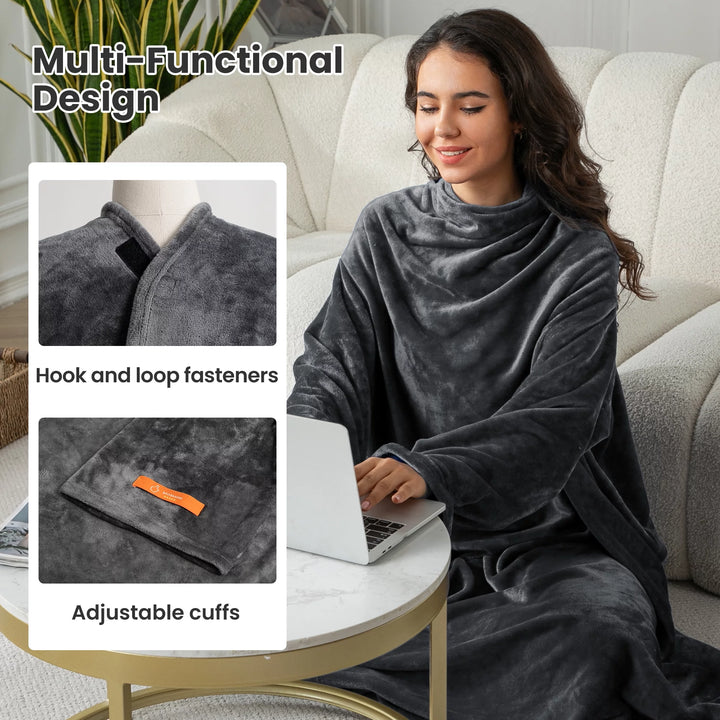 Blanket with Sleeves, Gift for Women Men Adult, Soft and Cozy Wearable Blanket with Elastic Cuffs, Hook and Loop Fastener (Grey 55''X79'')