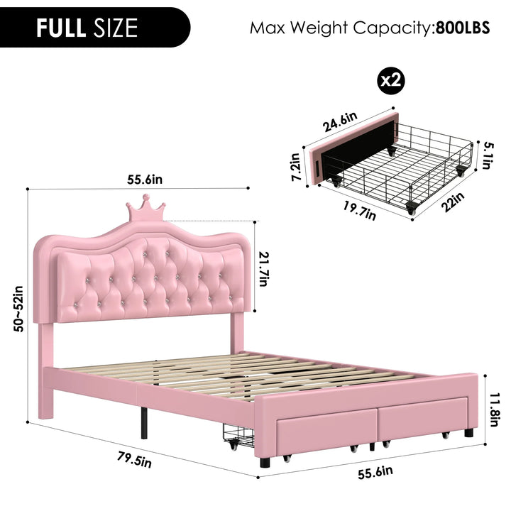 Full Size LED Bed Frame with Storage Drawers, PU Leather Crown Platform Bed with Crystal Tufted Upholstered Adjustable Headboard, Pink