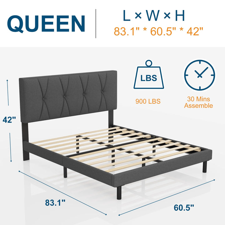 Queen Bed Frame,  Queen Size Platform Bed with Fabric Upholstered Headboard, Dark Grey