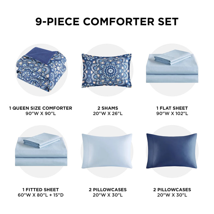 9-Piece Comforter Set Microfiber Navy Blue Bed in a Bag Hypoallergenic Reversible with Side Pockets Bed Sets for Queen Bed